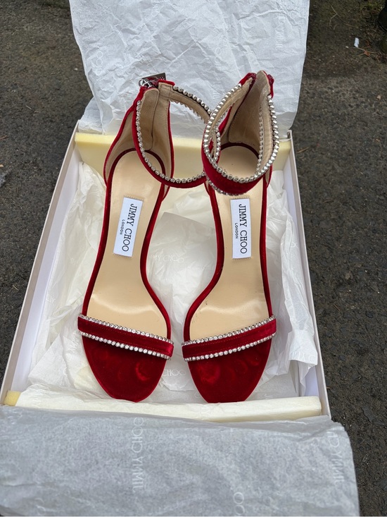 Jimmy Choo Shoes - Jimmy Choo Red Velvet Crystal-Ankle Strap Sandals (worn once)